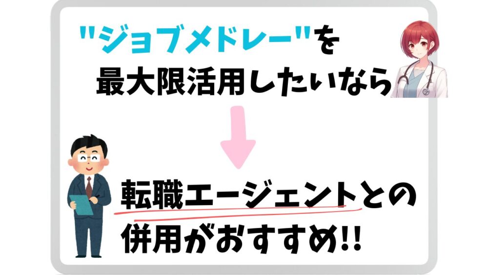 ジョブメドレーを最大限活用するためには転職エージェントとの併用がおすすめと示す図解。スーツ姿の男性とおだかすみのイラスト付き